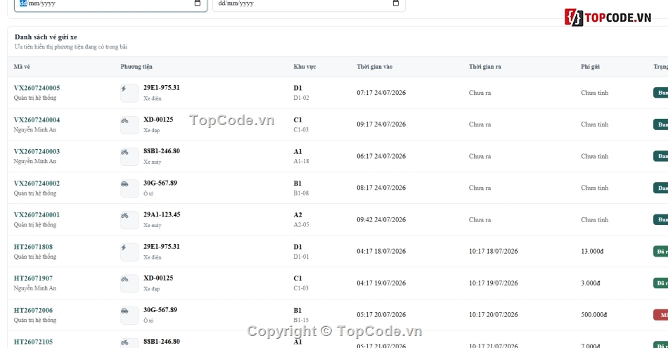 Website quản lý,quản lý,quản lý giữ xe